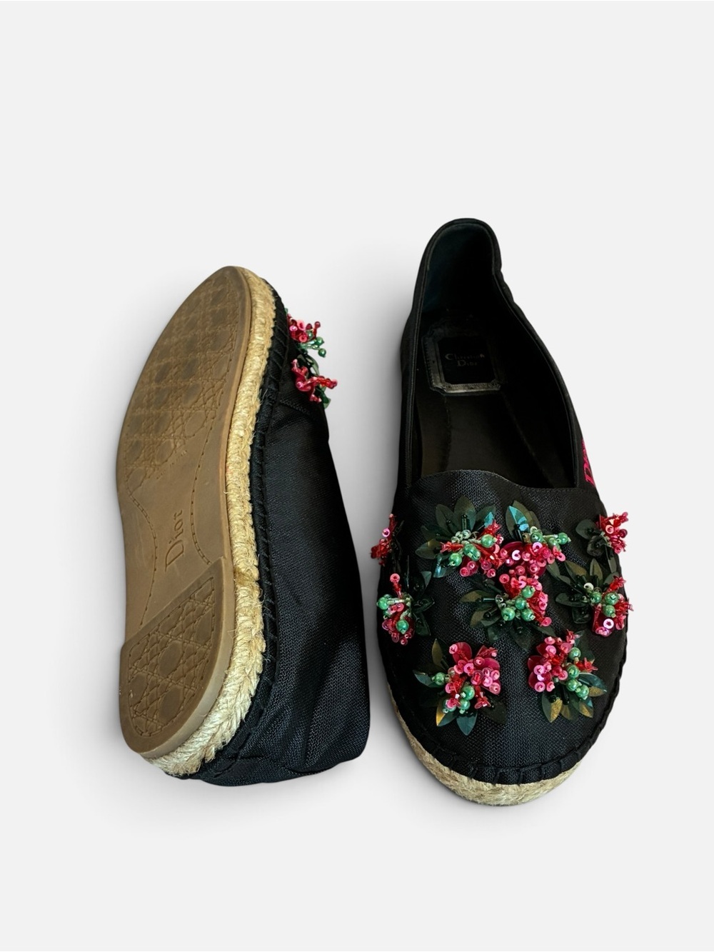 Dior Black Espadrilles with Pink & Green Sequin Floral Embellishments - Picture 2 of 7